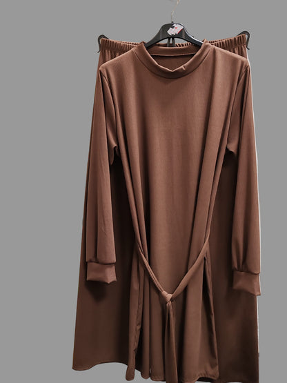 Modest Brown Ribbed Co-ord Set | Tunic Top &amp; Wide-Leg Trousers | Elegant Lounge Wear