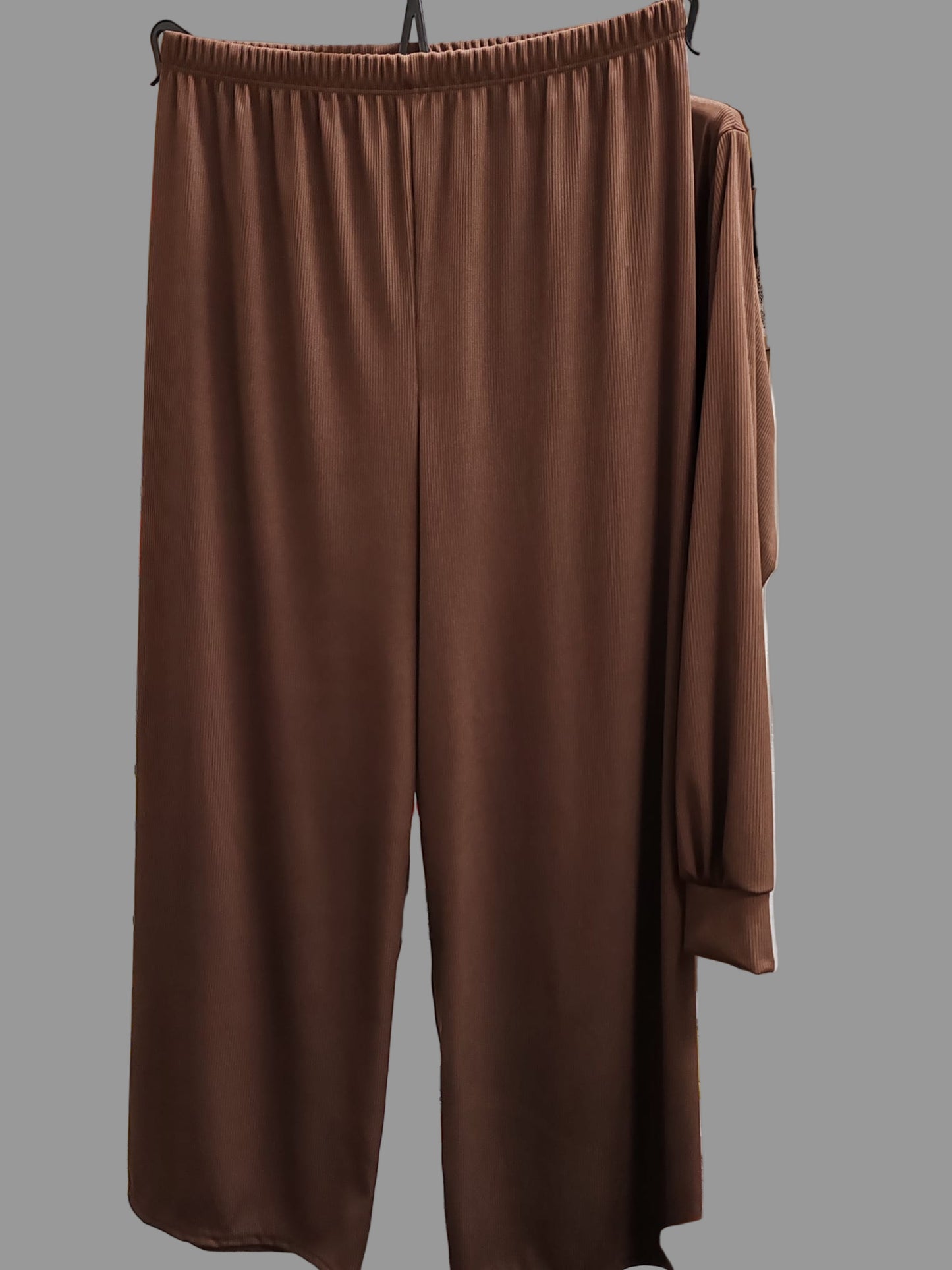 Modest Brown Ribbed Co-ord Set | Tunic Top &amp; Wide-Leg Trousers | Elegant Lounge Wear