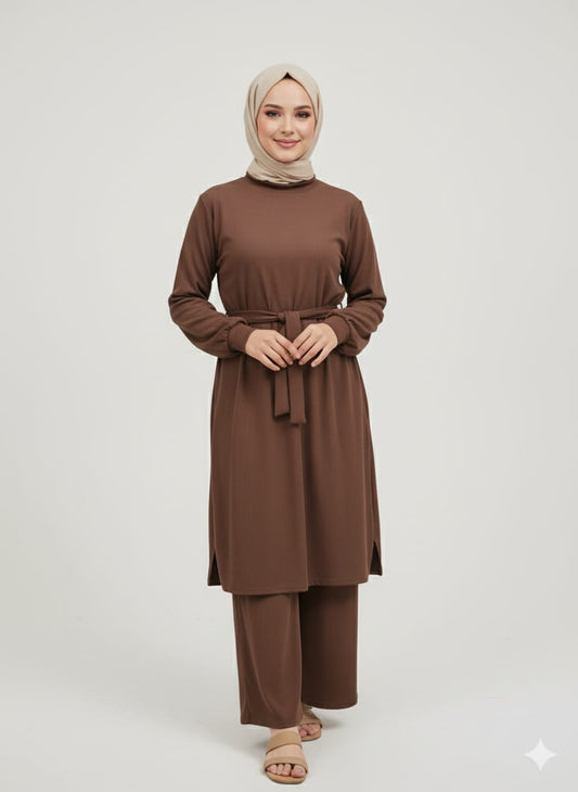 Modest Brown Ribbed Co-ord Set | Tunic Top &amp; Wide-Leg Trousers | Elegant Lounge Wear