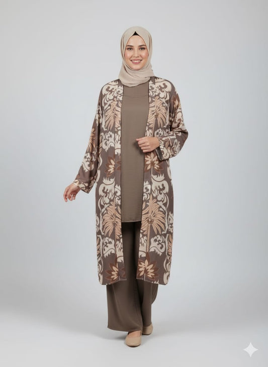 Modest 2-Piece Printed Kimono Co-ord Set | Brown Duster Cardigan &amp; Wide-Leg Trousers