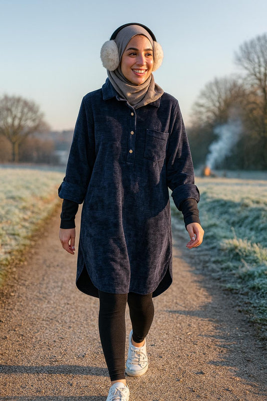 Navy Blue Velour Shirt-Style Abaya | Elegant Textured Fabric with Gold Buttons