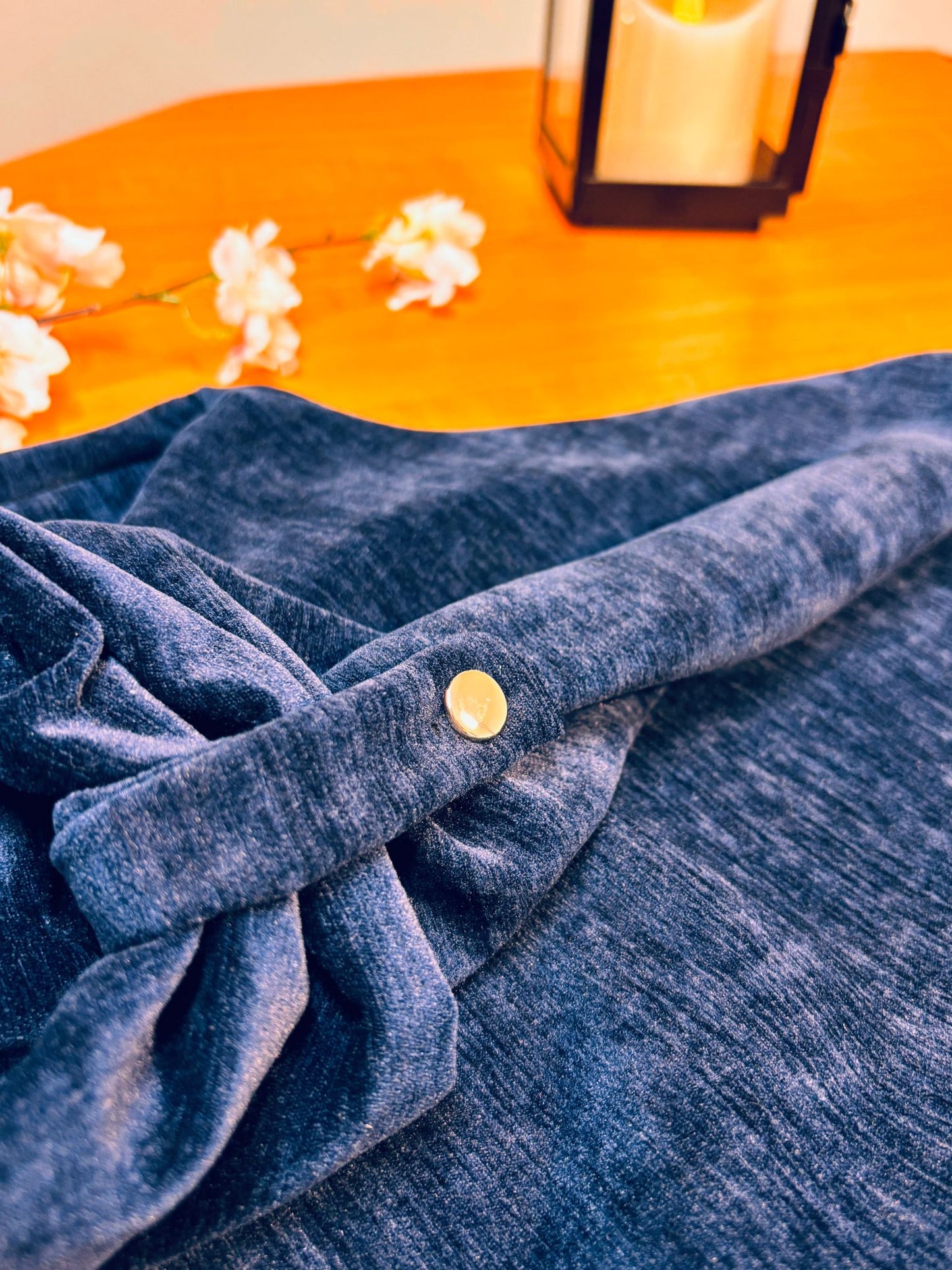 Navy Blue Velour Shirt-Style Abaya | Elegant Textured Fabric with Gold Buttons