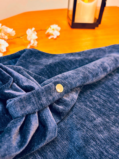 Navy Blue Velour Shirt-Style Abaya | Elegant Textured Fabric with Gold Buttons