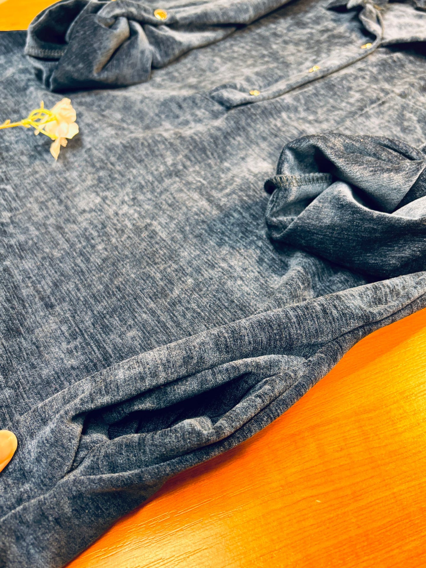 Navy Blue Velour Shirt-Style Abaya | Elegant Textured Fabric with Gold Buttons