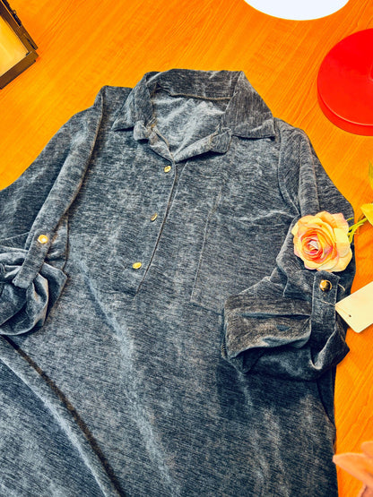 Navy Blue Velour Shirt-Style Abaya | Elegant Textured Fabric with Gold Buttons