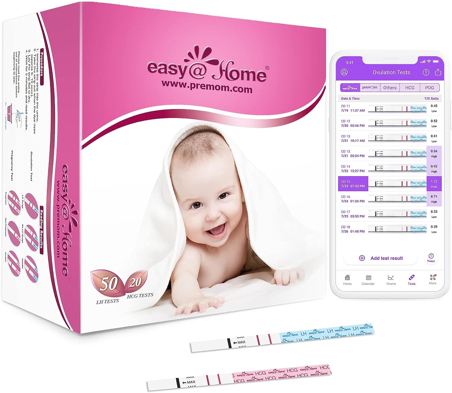 Easy@Home 50 Ovulation Test Strips and 20 Pregnancy Test Strips-Width of 5mm-Powered by Premom Ovulation