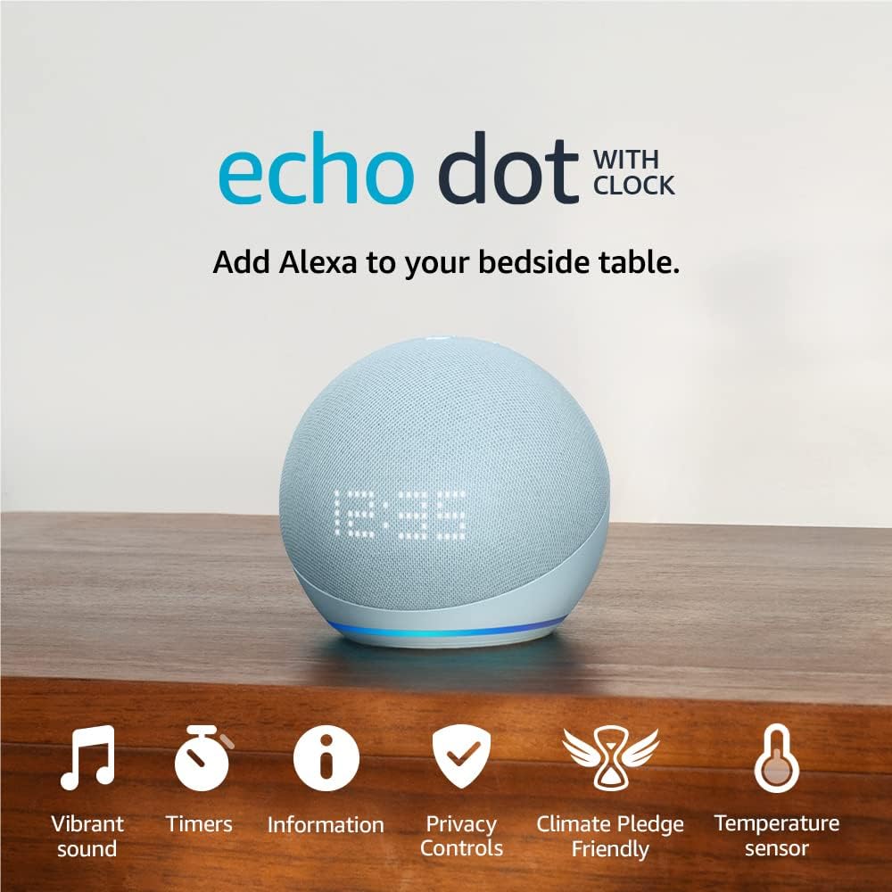 Echo Dot with clock (5th generation, 2022 release) | Bigger vibrant sound Wi-Fi and Bluetooth smart speaker and Alexa | Cloud Blue