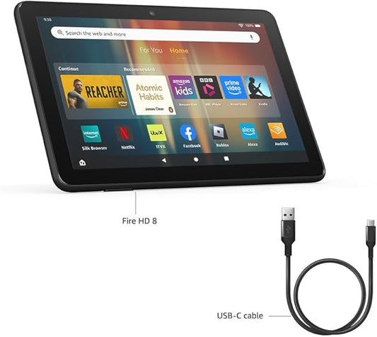 Amazon Fire HD 8 tablet (newest gen), 8" HD Display, 3 GB memory, 32 GB, designed for portable entertainment, Black.