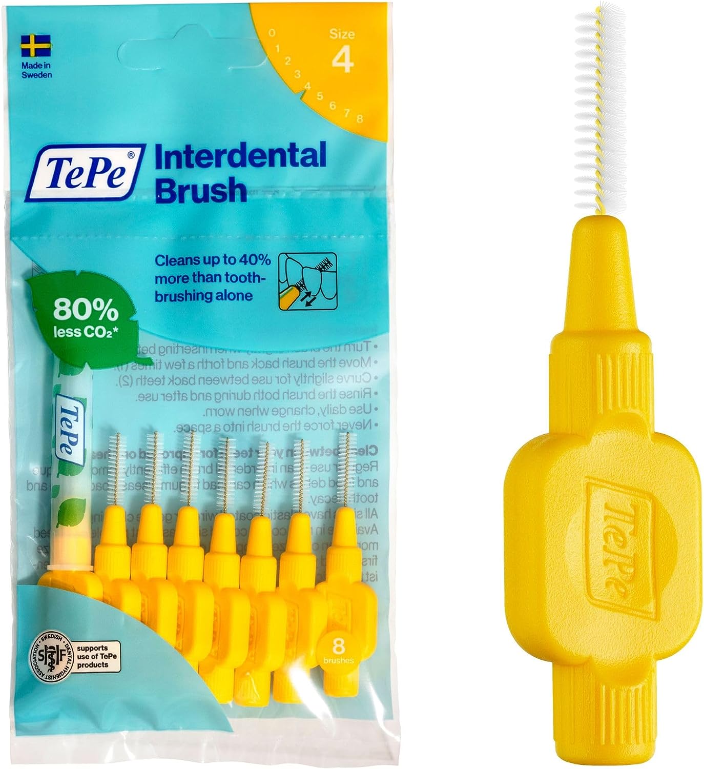 TePe Interdental Brush, Original, Yellow, 0.7 mm/ISO 4, 8pcs, plaque removal, efficient clean between the teeth, tooth floss, for narrow gaps.