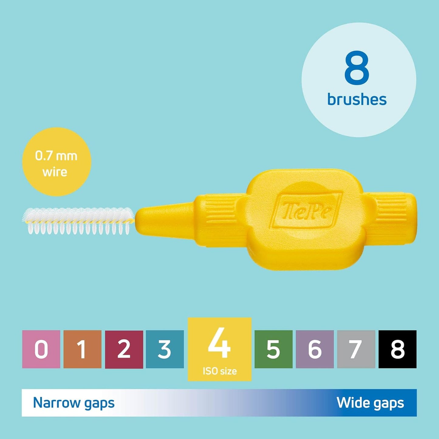 TePe Interdental Brush, Original, Yellow, 0.7 mm/ISO 4, 8pcs, plaque removal, efficient clean between the teeth, tooth floss, for narrow gaps.