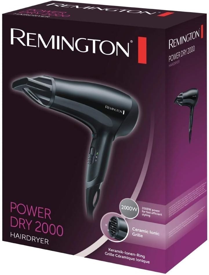 Lightweight Hair Dryer Fast-Drying, Styler, 2000W - Black Remington D3010 Power 3 heating & 2 separate fan levels.