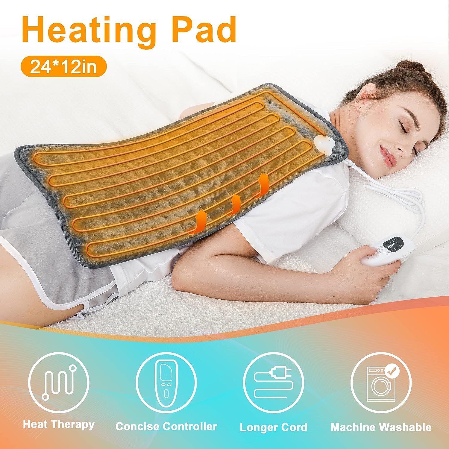 Electric Heating pad, Lower Back Neck Shoulder Hip Body Pain Relief,6 Temperature Levels,4 Time Settings, Automatic Switch-Off Machine Washable(Dark Grey,12" x 24")