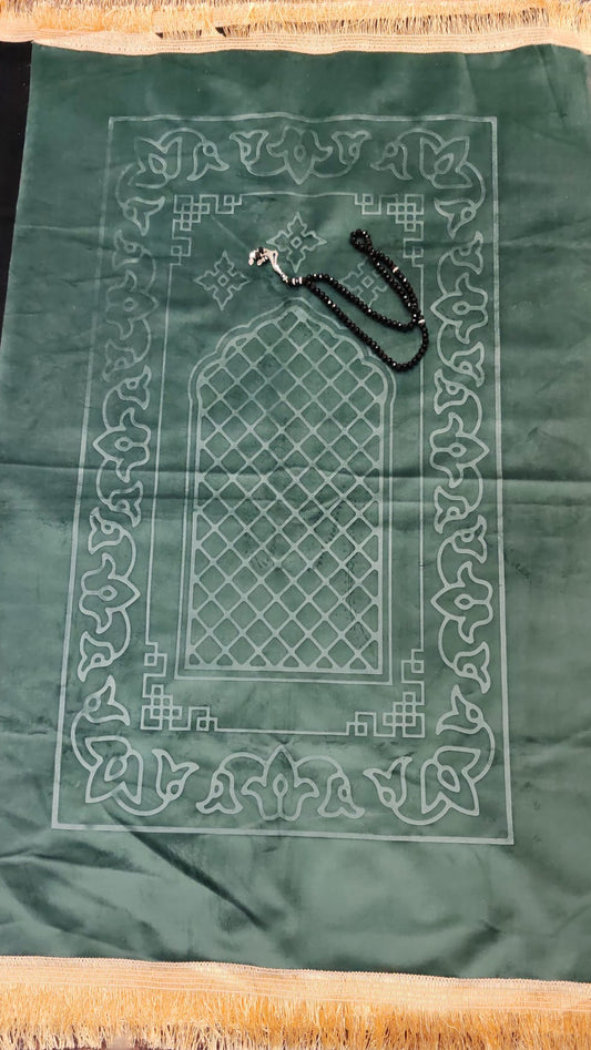 Islamic Janamaz Prayer Mat – Muslim Sajjada Salah Rug + Free Tasbih (4 Colors Available)
