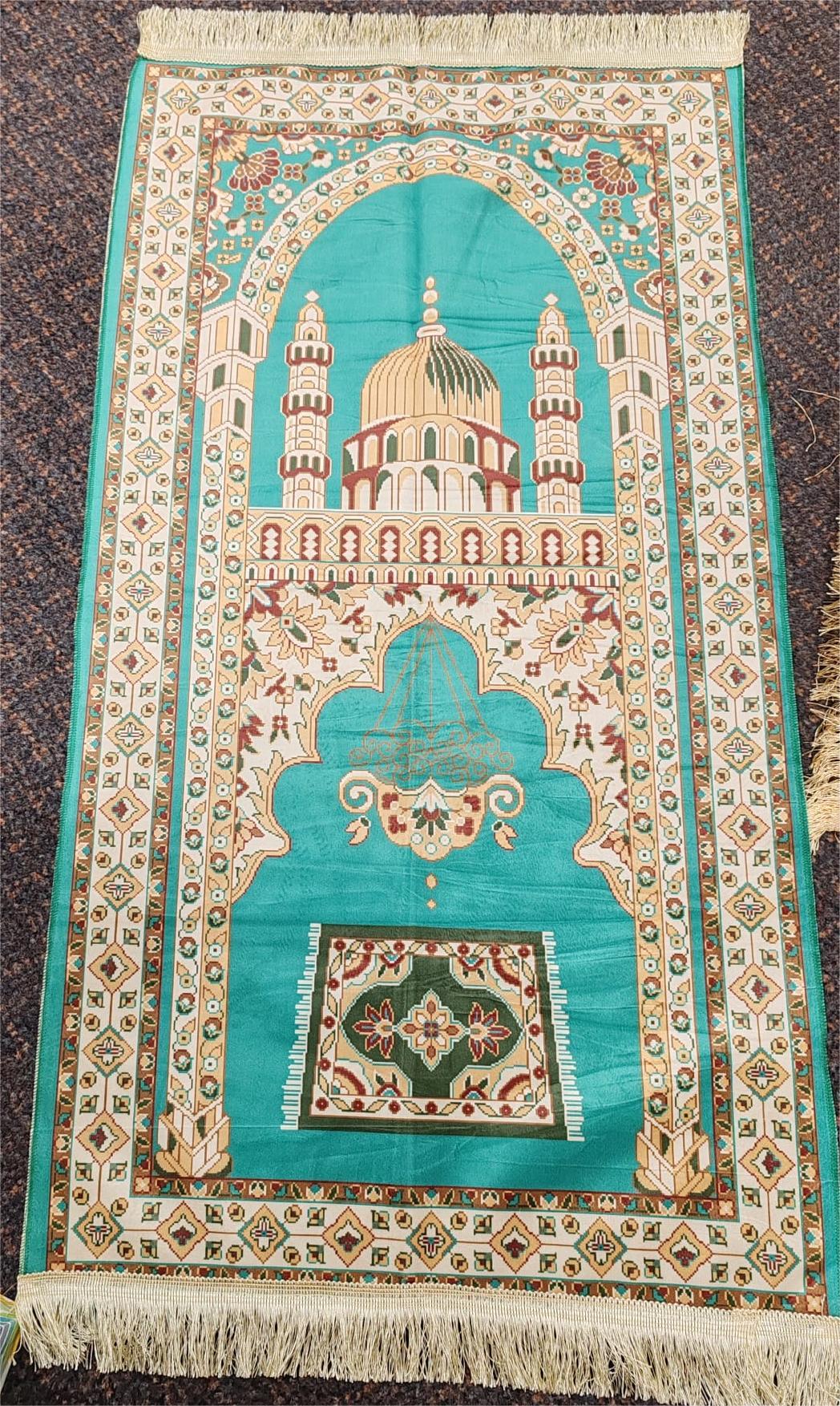 Islamic Prayer Mat (Janamaz/Sajjada) – Teal &amp; Gold Mosque Design | Soft, Non-Slip Muslim Prayer Rug for Daily Salat.