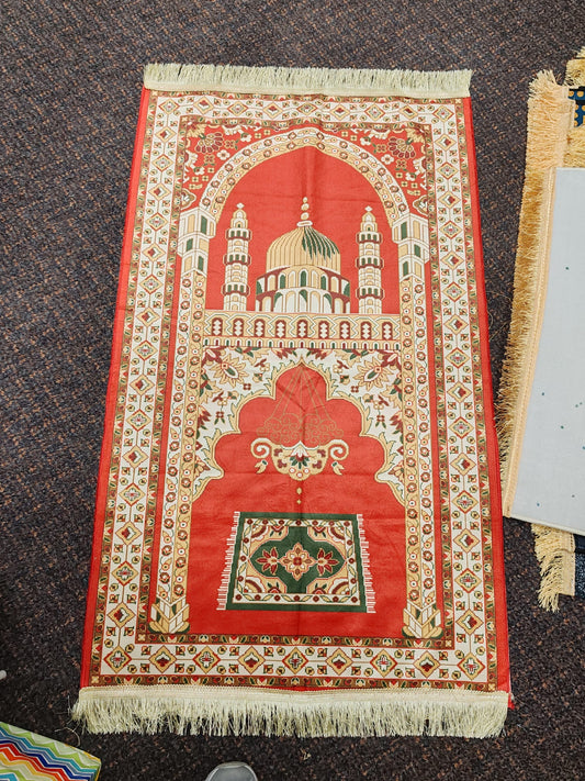 Islamic Prayer Mat (Janamaz/Sajjada) – Red & Gold Mosque Design | Soft, Non-Slip Muslim Prayer Rug for Daily Salat.
