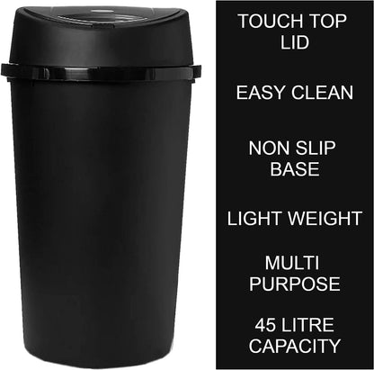 KITCHEN BIN Touch Top Bin a versatile and sleek solution to your waste disposal needs. Ideal for home, office, school, kitchen, or bathroom use, this freestanding round bin boasts a generous 45-litre capacity, ensuring you have ample space for daily waste.