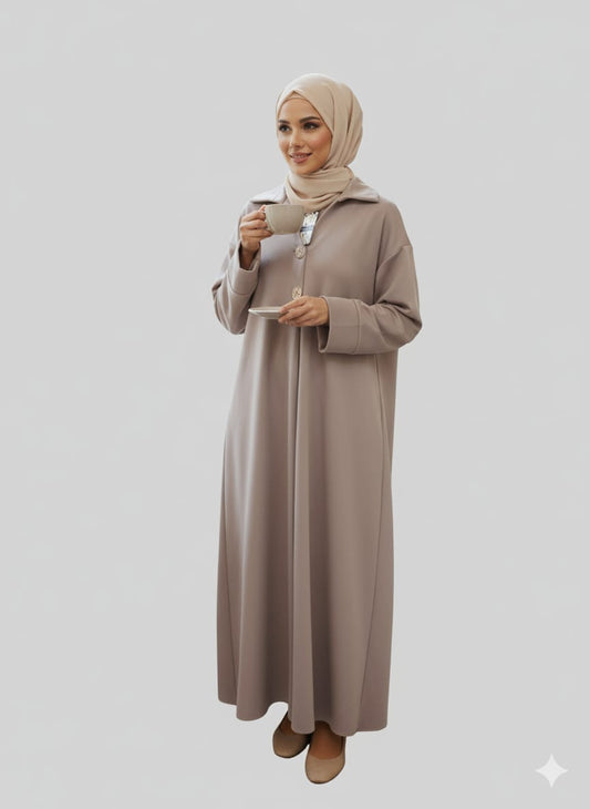 Modest Taupe Long Dress & Abaya | Elegant Maxi with Collar for winter