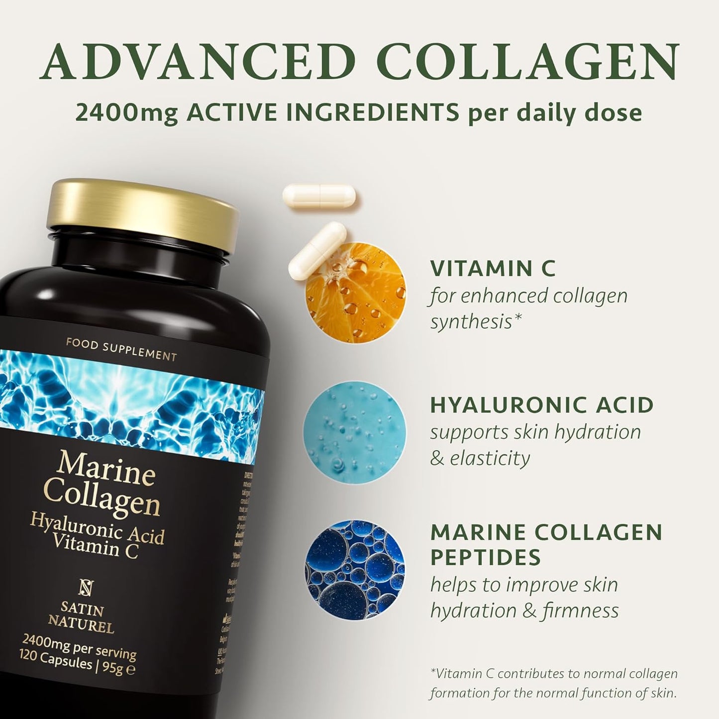 Marine Collagen Capsules with Hyaluronic Acid + Vitamin C 2400mg
