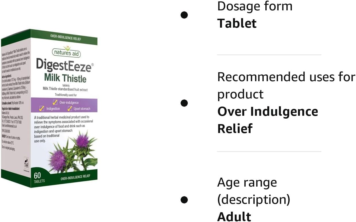 Natures Aid DigestEeze Milk Thistle 150mg Extract Pack of 60 Tablets(2 Pack)