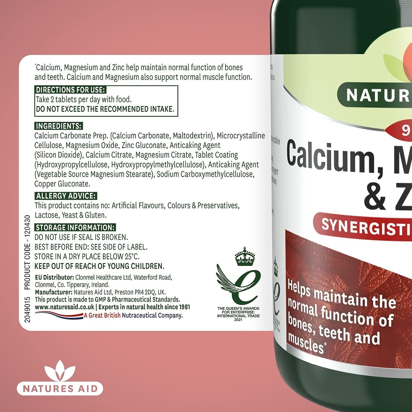 Natures Aid Calcium, Magnesium and Zinc, Maintain Normal Bones, Teeth and Muscle Function, Vegan, 90 Tablets