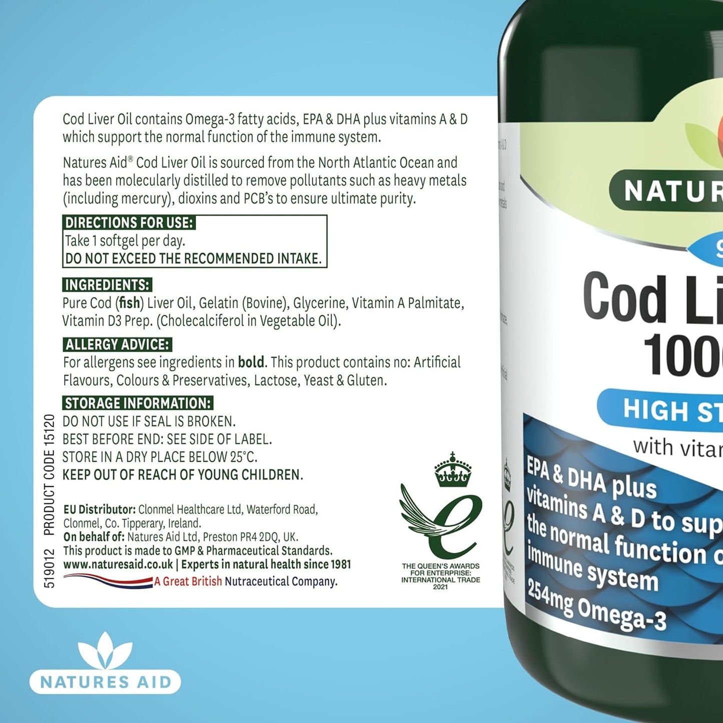 Natures Aid Cod Liver Oil, 1000 mg, 90 Softgel Capsules (High Strength, 254 mg