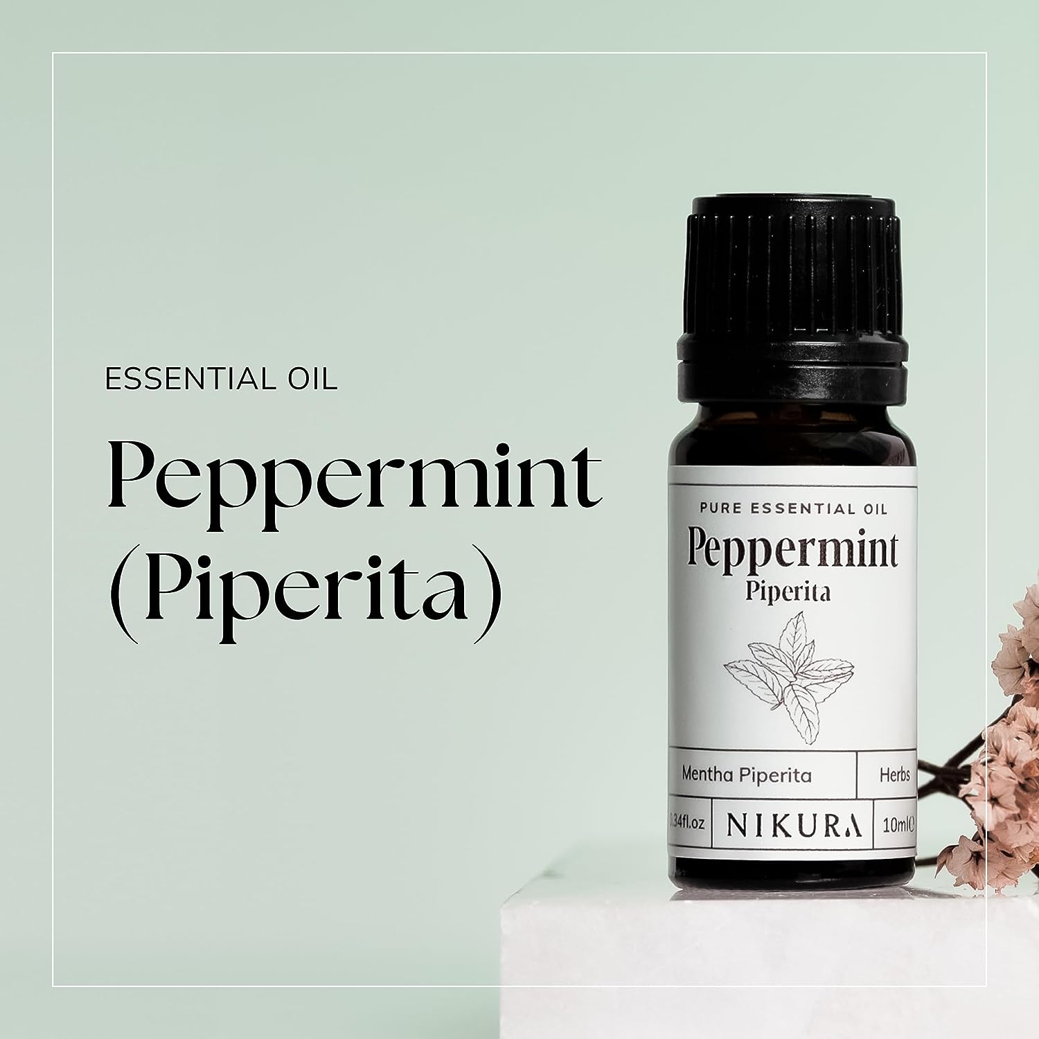 Nikura Peppermint (Piperita) Essential Oil - 10ml | 100% Pure &amp; Natural | Perfect for Hair Care, Spider Repellent, Energy Boost, Candle Making | Great for Skin, Headache Relief | Vegan &amp; UK Made