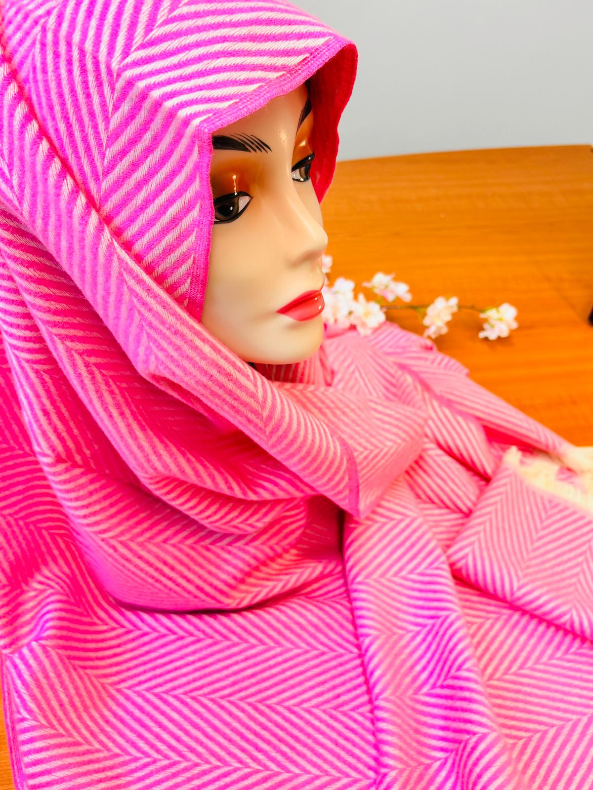 Scarf/Shawl  Vibrant Pink &amp; Cream Herringbone | Soft Wool-Blend Wrap with Fringe