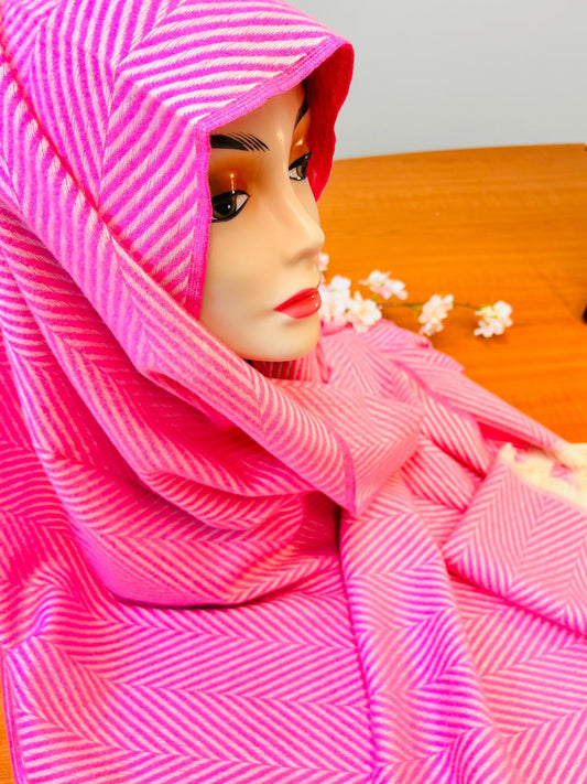 Scarf/Shawl  Vibrant Pink &amp; Cream Herringbone | Soft Wool-Blend Wrap with Fringe