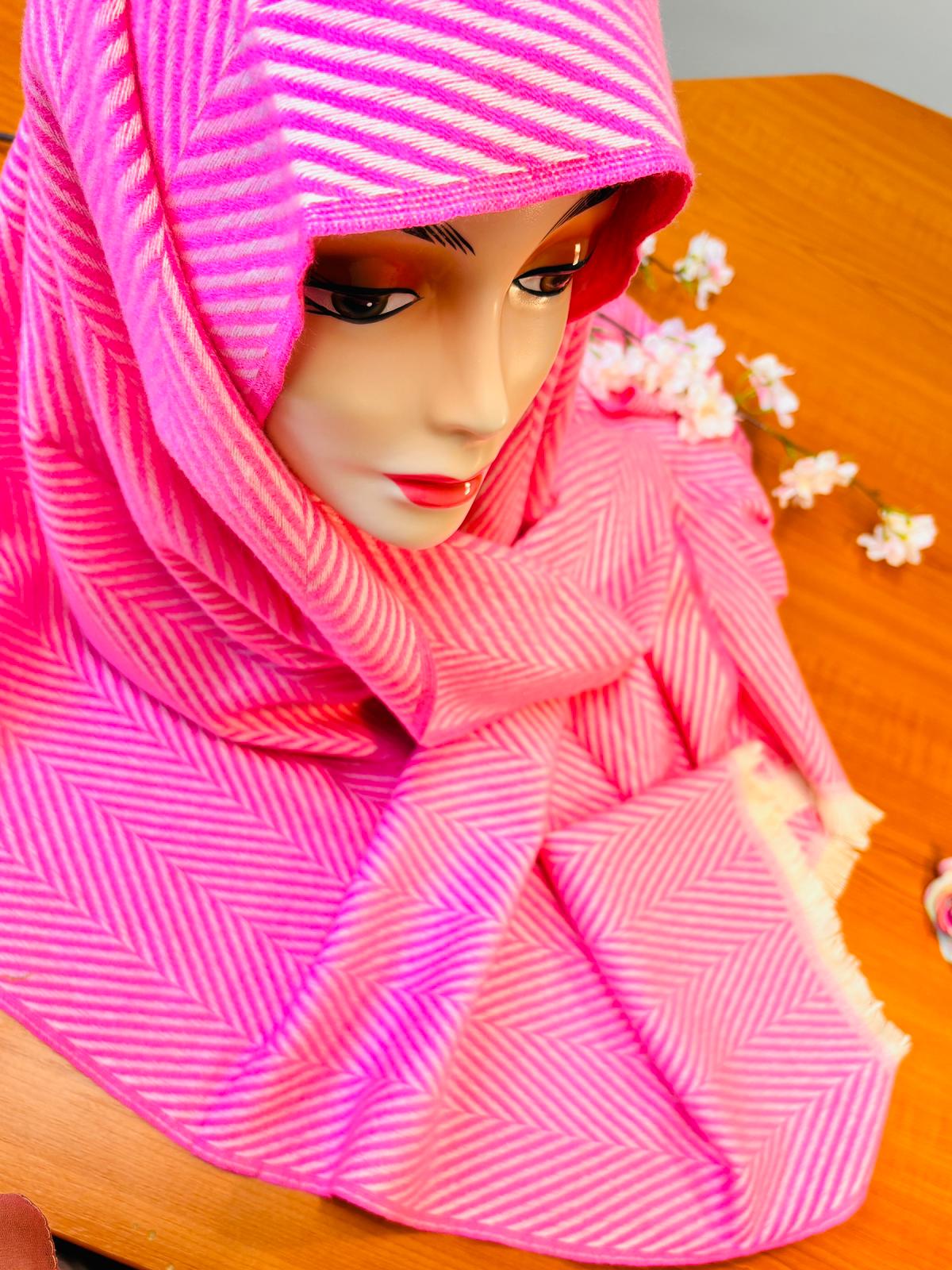 Scarf/Shawl  Vibrant Pink &amp; Cream Herringbone | Soft Wool-Blend Wrap with Fringe