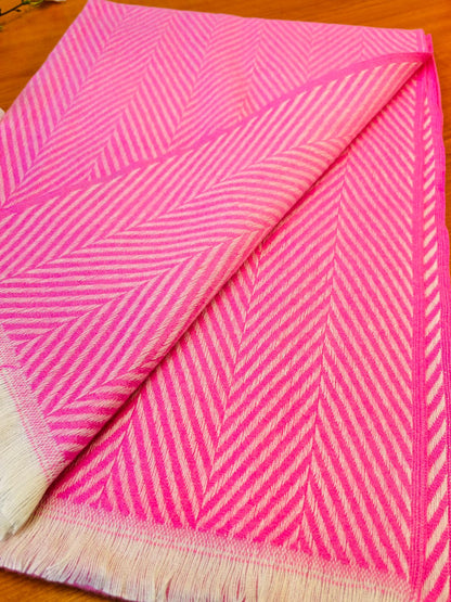 Scarf/Shawl  Vibrant Pink &amp; Cream Herringbone | Soft Wool-Blend Wrap with Fringe