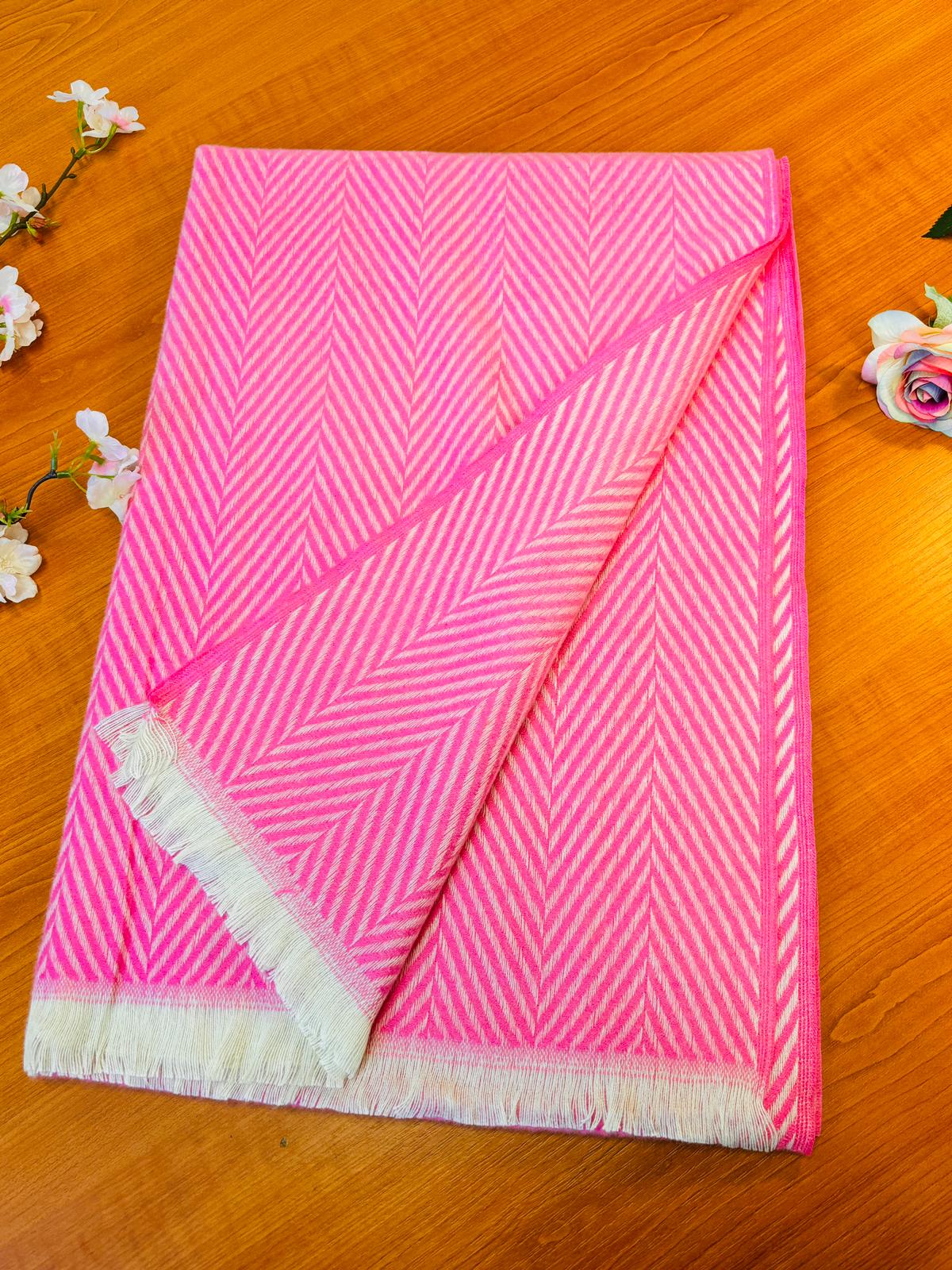 Scarf/Shawl  Vibrant Pink &amp; Cream Herringbone | Soft Wool-Blend Wrap with Fringe