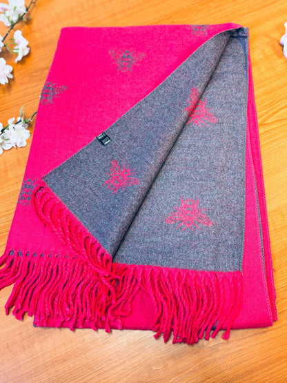 Scarf/Shawl pashmina Reversible Pink and Charcoal Gray Bee Print for winter