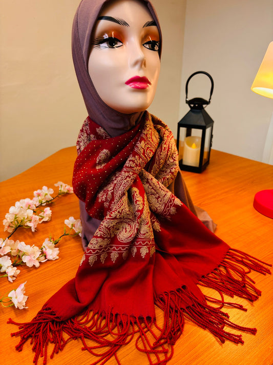 Red Embroidered Shawl | scarf Elegant Wedding Wrap | Bright Stole for Women