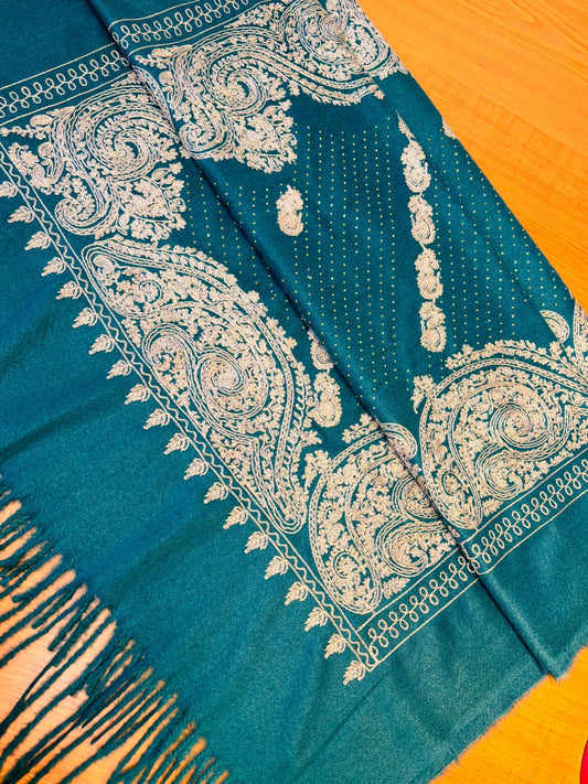 Luxury Deep Blue Teal Cashmere/Pashmina Shawl with Gold/Silver Hand Embroidery