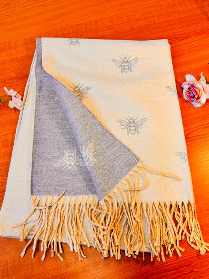 Scarf/Shawl pashmina Reversible Light Cream & Gray Bee Print for winter