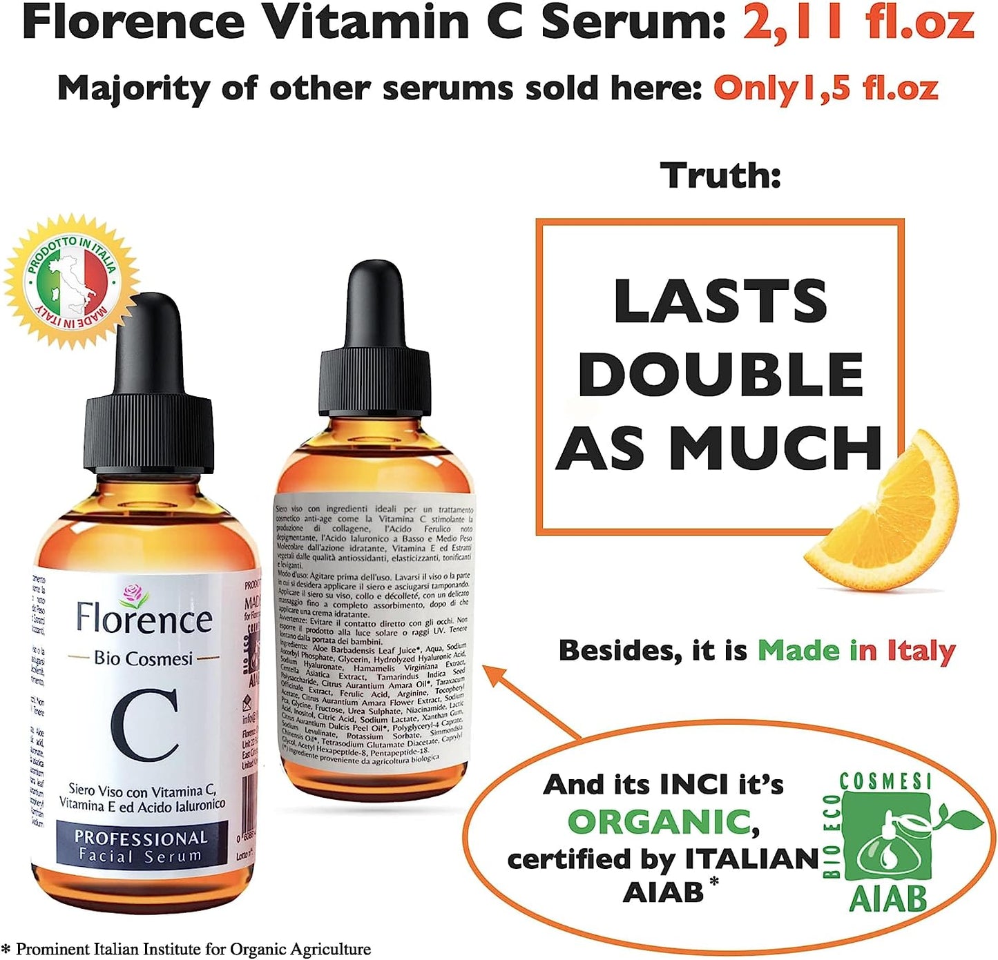 Organic Vitamin C Face Serum Hyaluronic Acid Lifting Florence Big 2.11oz